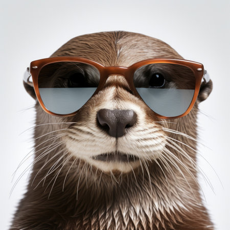 close-up of Otter with sunglasses on white background Image generated with Generative AI.の素材