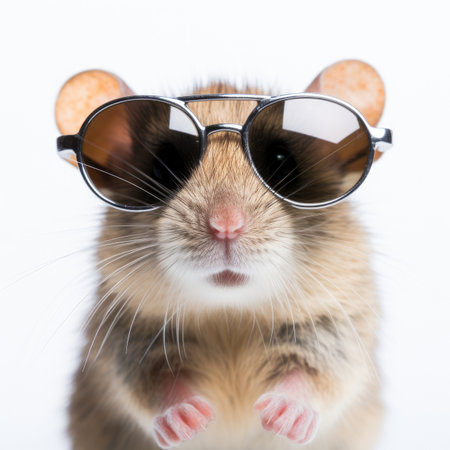 close-up of Mouse with sunglasses on white background Image generated with Generative AI.の素材