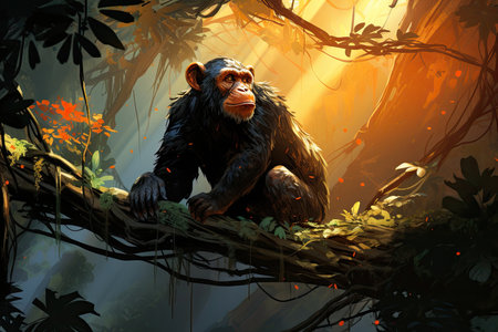Chimpanzee swinging effortlessly through the treetops, showingcasing its agility. Image generated with Generative AI.の素材