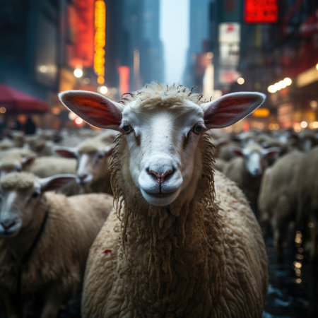 A sheep getting lost in a busy city street at night. Image generated with Generative AI.の素材
