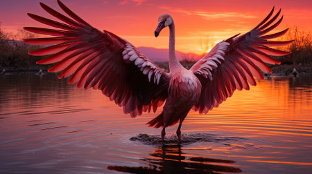 A flamingo dances gracefully by a peaceful, sparkling lake at sunset. Image generated with Generative AI.の素材