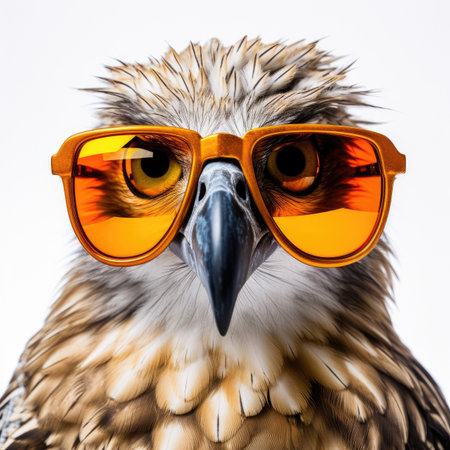 close-up of Bird with sunglasses on white background Image generated with Generative AI.の素材