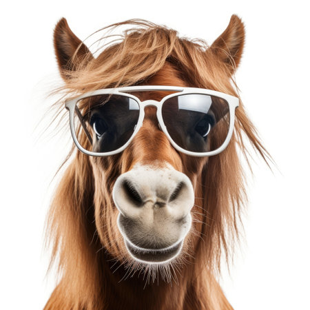 close-up of Horse with sunglasses on white background Image generated with Generative AI.の素材