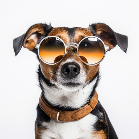 close-up of Dog with sunglasses on white background Image generated with Generative AI.の素材