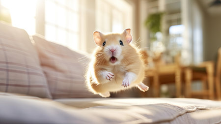 A hamster escapes from its cage and explores the house. Image generated with Generative AI.の素材