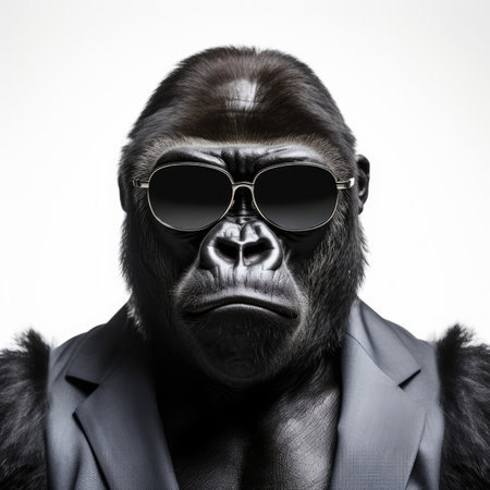 close-up of Gorilla with sunglasses on white background Image generated with Generative AI.の素材