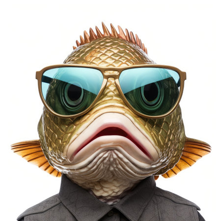 close-up of Fish with sunglasses on white background Image generated with Generative AI.の素材