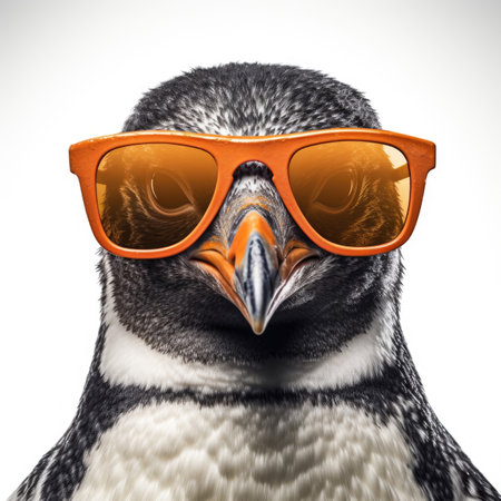 close-up of Penguin with sunglasses on white background Image generated with Generative AI.の素材