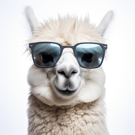 close-up of Alpaca with sunglasses on white background Image generated with Generative AI.の素材