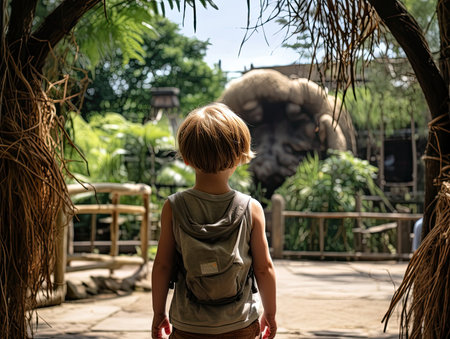 a child seen from behind at a hot summer day at the zoo - Generative AIの素材
