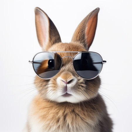close-up of Rabbit with sunglasses on white background Image generated with Generative AI.の素材