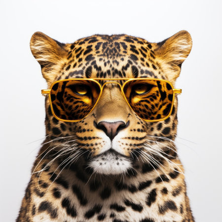 close-up of Leopard with sunglasses on white background Image generated with Generative AI.の素材