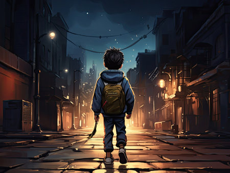 a child seen from behind at night walking along a street - Generative AIの素材
