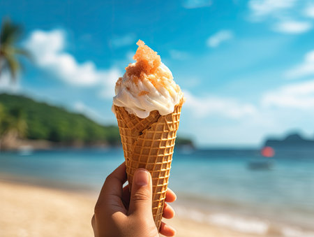 hand with ice cream in a cone and blurred tropical beach in the background - Generative AIの素材