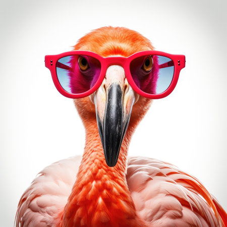 close-up of flamingo with sunglasses on white background Image generated with Generative AI.の素材