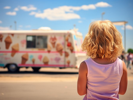 a child seen from behind at a hot summer day in front of an ice cream truck - Generative AIの素材