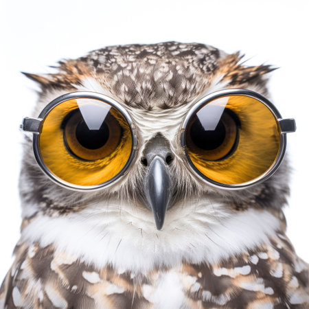 close-up of Owl with sunglasses on white background Image generated with Generative AI.の素材
