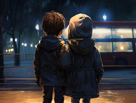 two children seen from behind at night waiting at a bus stop - Generative AIの素材