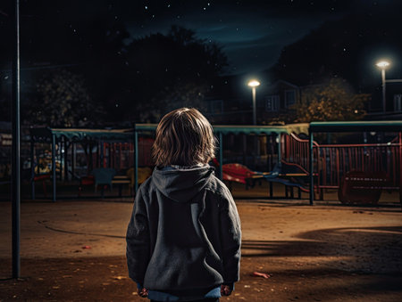 a child seen from behind at night at a playground - Generative AIの素材