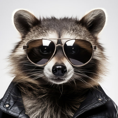 close-up of Raccoon with sunglasses on white background Image generated with Generative AI.の素材
