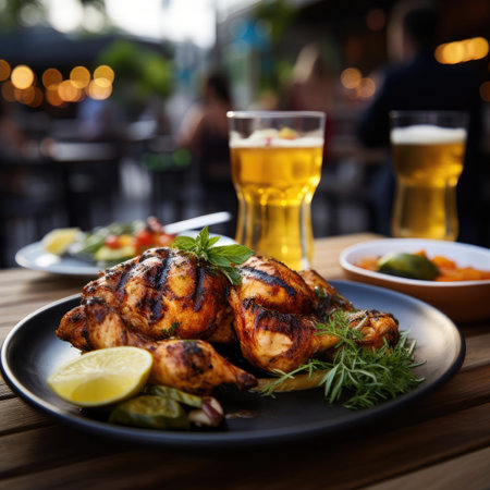 grilled chicken and a drink blurred restaurant in the background - Generative AIの素材