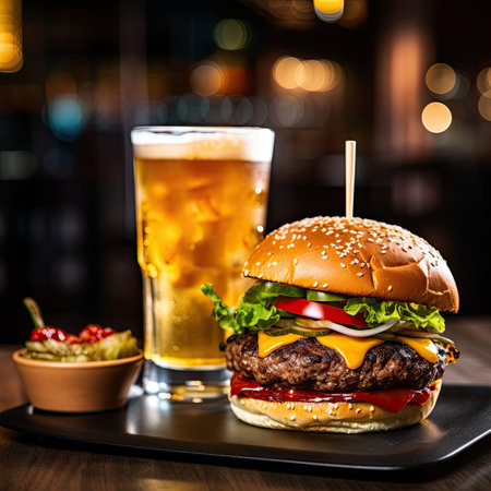a cheeseburger and a drink blurred restaurant in the background - Generative AIの素材