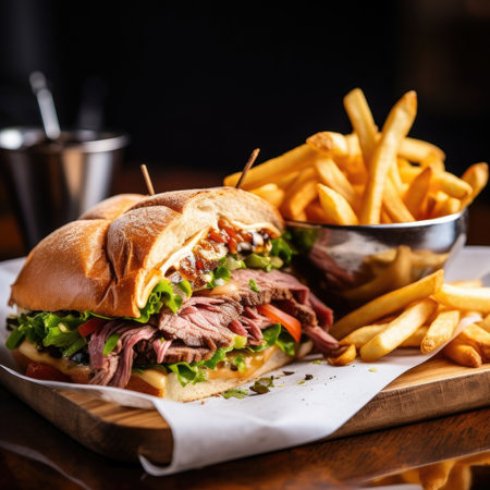 a beef sandwich with a portion of french fries blurred restaurant in the background - Generative AIの素材