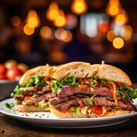 a beef sandwich blurred restaurant in the background - Generative AIの素材
