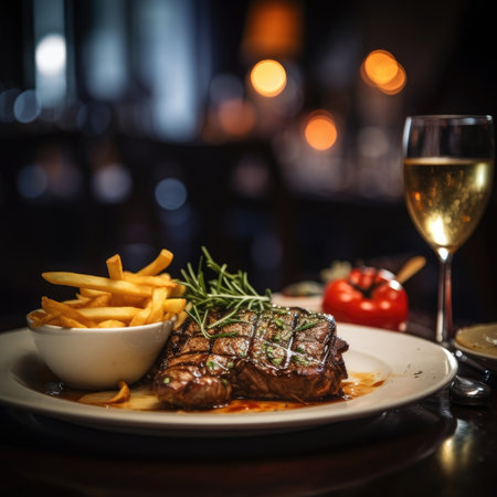 a steak with a portion of french fries and a drink blurred restaurant in the background - Generative AIの素材