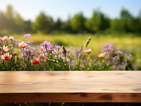 empty wooden table in modern style for product presentation with a blurred summer meadow with wild flowers in the background - Generative AIの素材