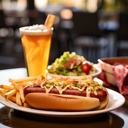 an american hot dog with a portion of french fries and a drink blurred restaurant in the background - Generative AIの素材
