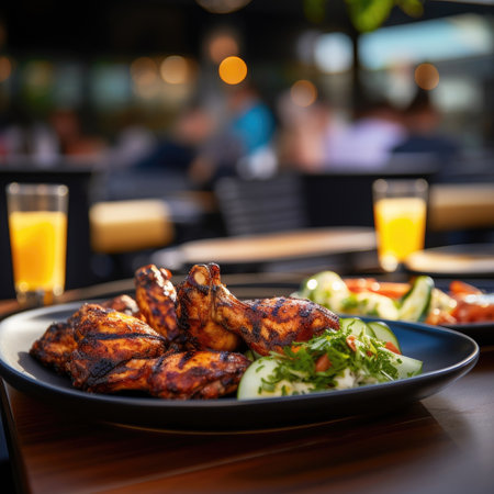 grilled chicken wings blurred restaurant in the background - Generative AIの素材