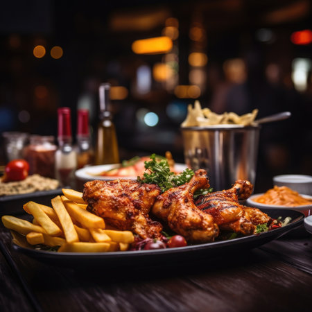 grilled chicken wings with a portion of french fries blurred restaurant in the background - Generative AIの素材