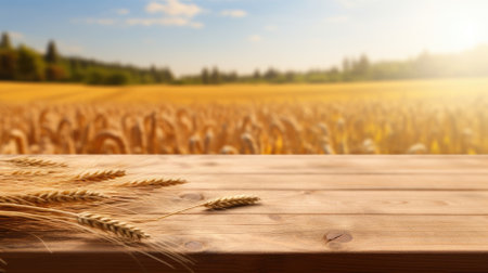 empty wooden table in modern style for product presentation with a blurred wheat field and windmill in the background - Generative AIの素材