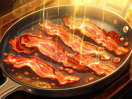 Bacon in a frying pan, close-up shot - Generative AIの素材