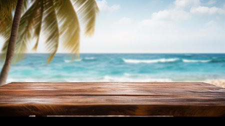 empty wooden table in rustic style for product presentation with a blurred tropical beach in the background - Generative AIの素材