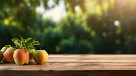 empty wooden table in modern style for product presentation with a blurred apple trees in the background - Generative AIの素材