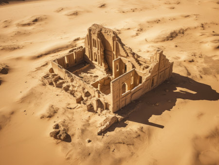 Ruins of an old Temple between golden dunes in a hot desert high altitude aerial view - Generative AIの素材