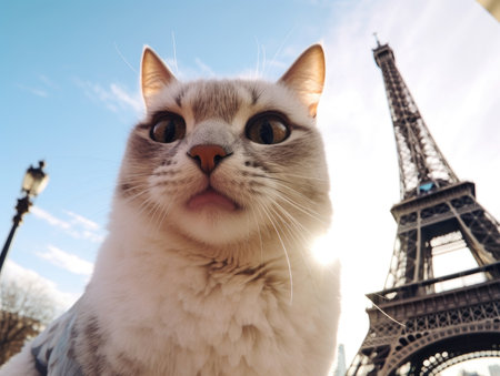 A cute and happy cat smiles while taking a selfie in front of the Eiffel Tower - Generative AIの素材