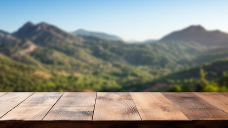 empty wooden table in rustic style for product presentation with a blurred mountain landscape in the background - Generative AIの素材