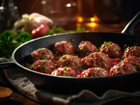 Raw meatballs in a frying pan, close-up shot - Generative AIの素材