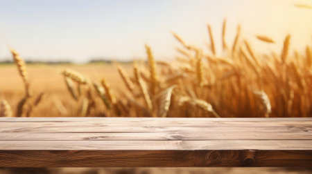 empty wooden table in rustic style for product presentation with a blurred wheat field in the background - Generative AIの素材