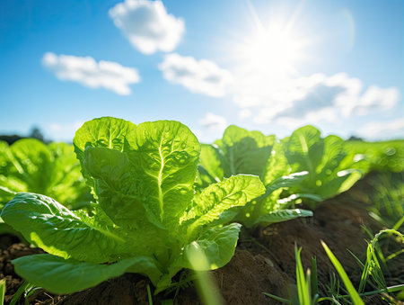 Lettuce growing on a field, low angle shot with cloudy, blue sky and sun - Generative AIの素材