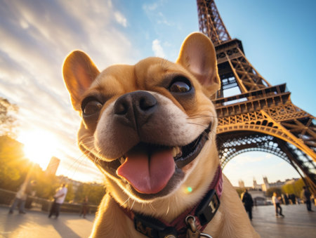 A cute dog smiles while taking a selfie in front of the Eiffel Tower - Generative AIの素材