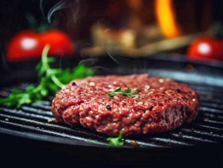 Hamburger in a frying pan, close-up shot - Generative AIの素材
