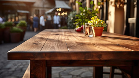 empty wooden table in rustic style for product presentation with a blurred restaurant in the background - Generative AIの素材