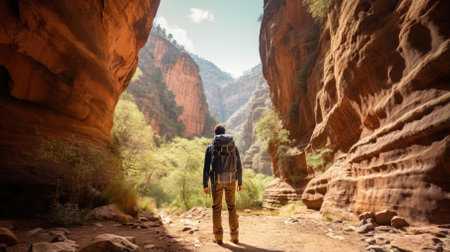 Male hiker, full body, view from behind, walking through a canyon - Generative AIの素材