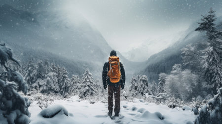 Male hiker, full body, view from behind, standing in a snow storm - Generative AIの素材
