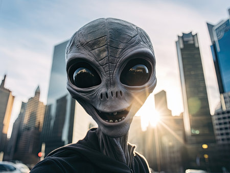 A slim gray Alien with black eyes smiles while taking a selfie in front of New York City silhouette - Generative AIの素材