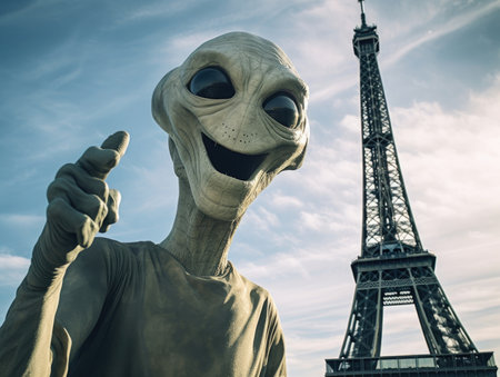 A slim gray Alien with black eyes smiles while taking a selfie in front of the Eiffel Tower - Generative AIの素材